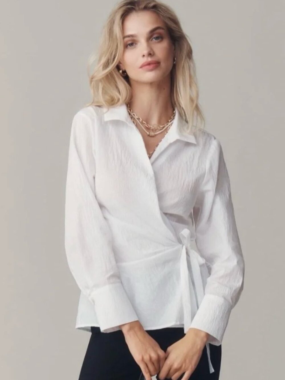 NWT Maeve White Collared Wrap Blouse with Front Tie
